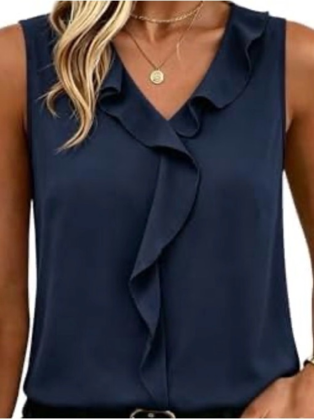 Navy Blue Sleeveless Ruffled Blouse Women’s S Liquid Knit Dressy Summer Beach